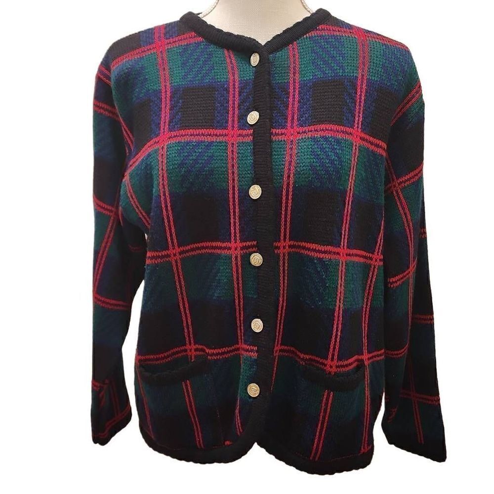 Tally Ho Women's Multicolor Plaid Button Front Cardigan Sweater Medium Vintage